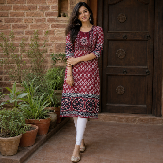 Ajrakh Cotton Long Kurti for Women  Maroon Ethnic Printed Straight Kurti SKU CAC-KL-AC-M-1