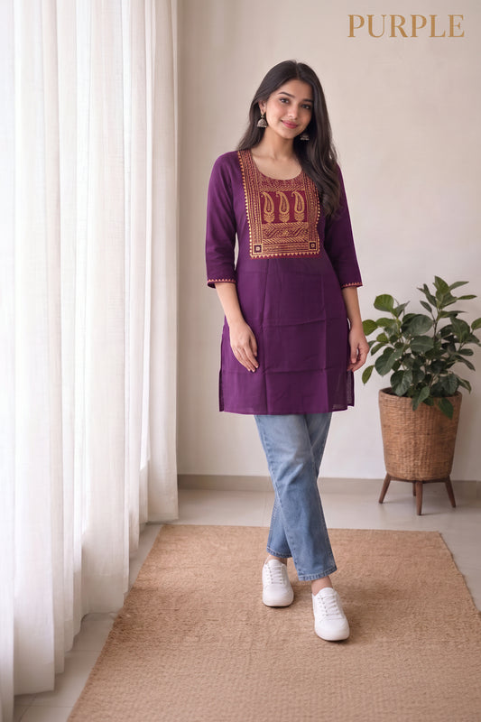Printed-Style Ethnic Kurti with Decorative Front Panel – Multiple Colors SKU CAC-KS-PC-MC-1