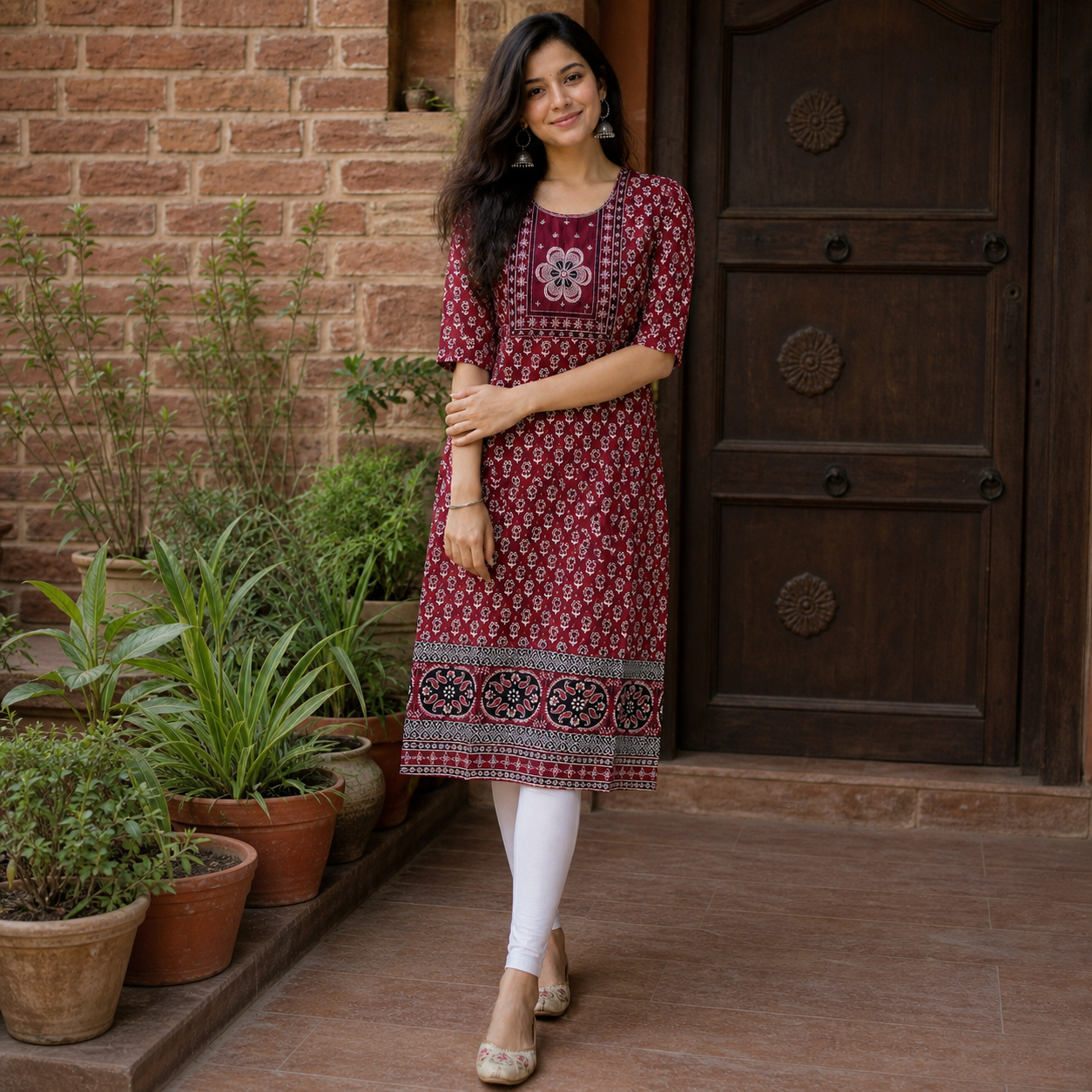 Ajrakh Cotton Long Kurti for Women  Maroon Ethnic Printed Straight Kurti SKU CAC-KL-AC-M-1