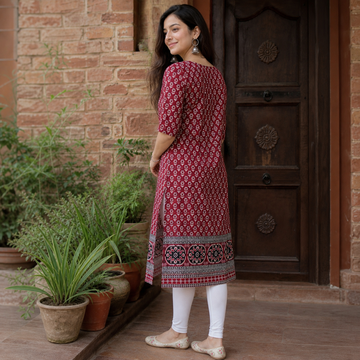 Ajrakh Cotton Long Kurti for Women  Maroon Ethnic Printed Straight Kurti SKU CAC-KL-AC-M-1