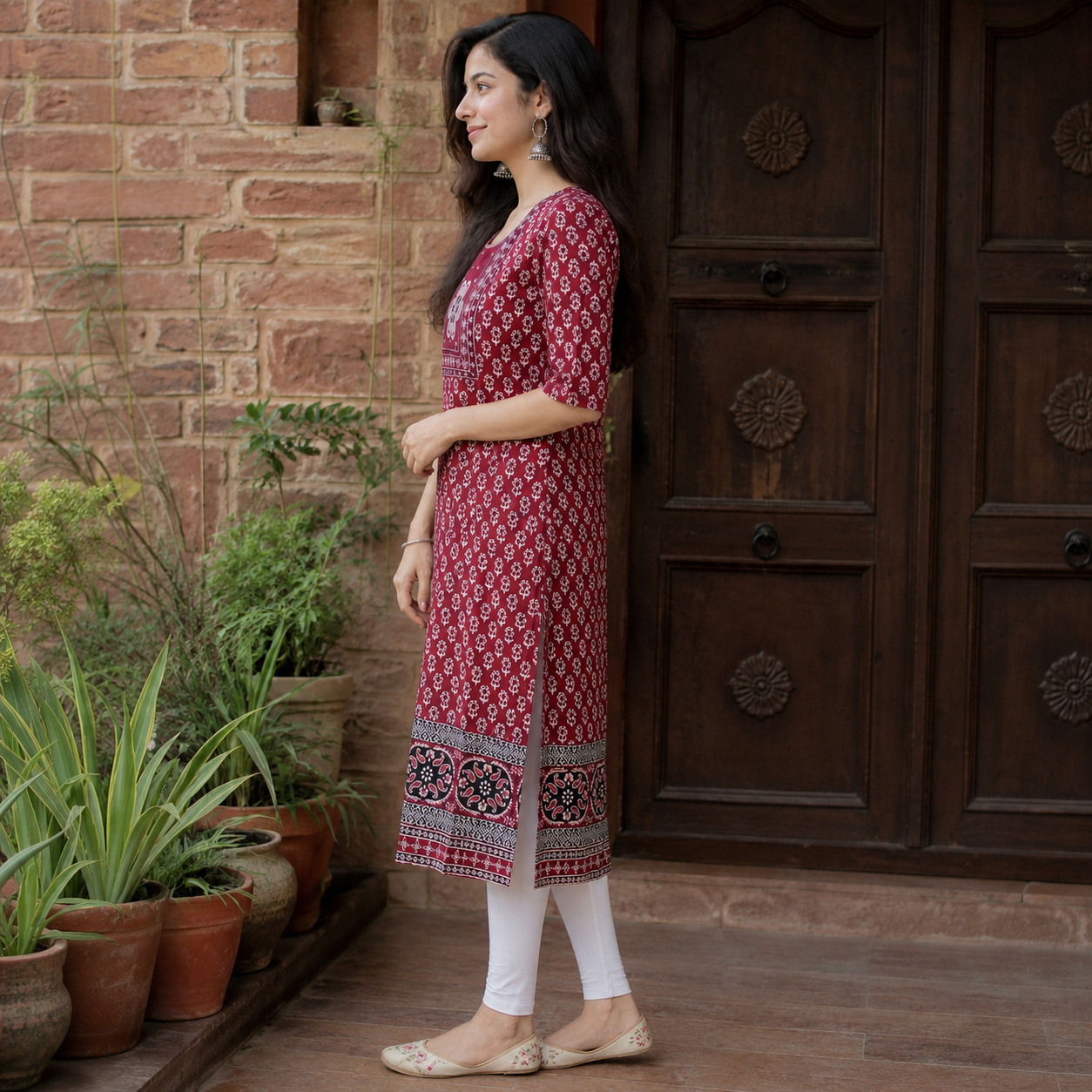 Ajrakh Cotton Long Kurti for Women  Maroon Ethnic Printed Straight Kurti SKU CAC-KL-AC-M-1