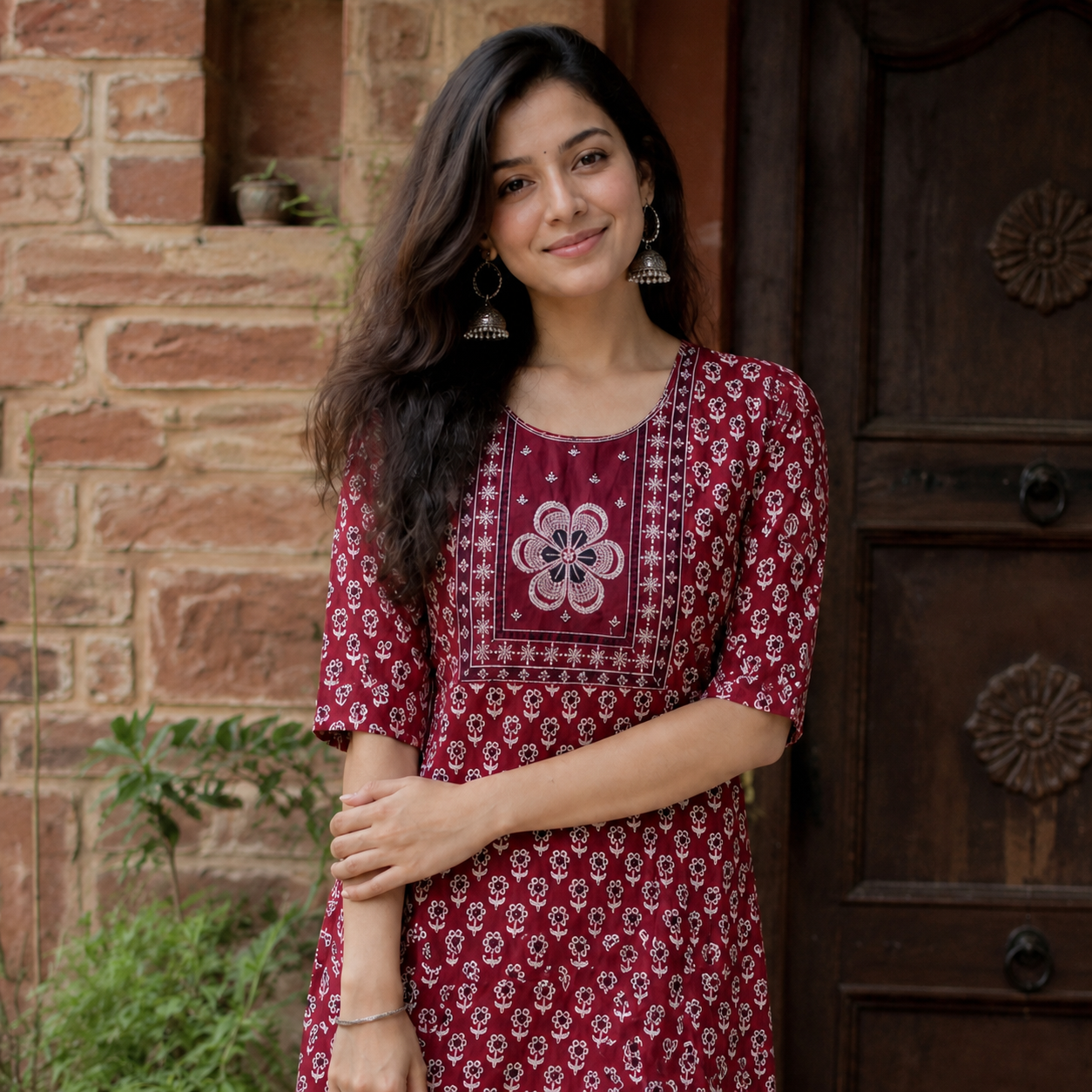 Ajrakh Cotton Long Kurti for Women  Maroon Ethnic Printed Straight Kurti SKU CAC-KL-AC-M-1