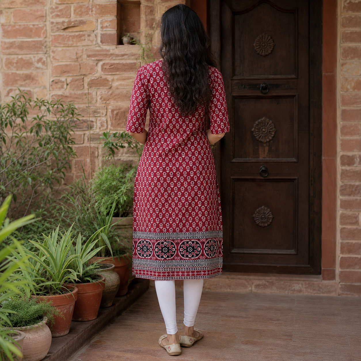 Ajrakh Cotton Long Kurti for Women  Maroon Ethnic Printed Straight Kurti SKU CAC-KL-AC-M-1