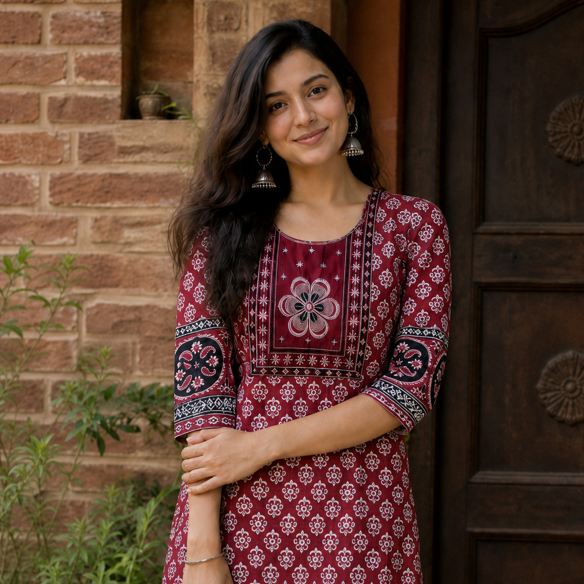 Ajrakh Cotton Long Kurti for Women  Maroon Ethnic Printed Straight Kurti SKU CAC-KL-AC-M-1