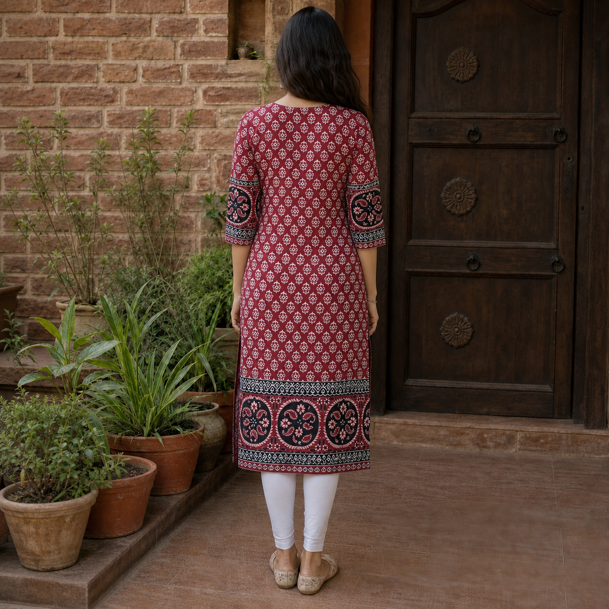 Ajrakh Cotton Long Kurti for Women  Maroon Ethnic Printed Straight Kurti SKU CAC-KL-AC-M-1