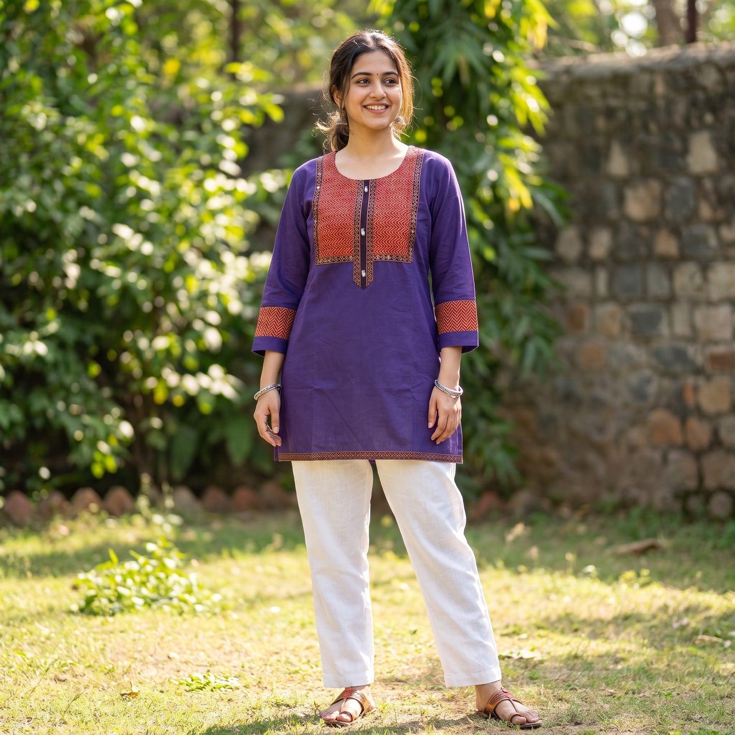 Women's Purple Cotton Kurti  Contrast Printed Yoke Straight Ethnic Kurti SKU CAC-K-C-P-1