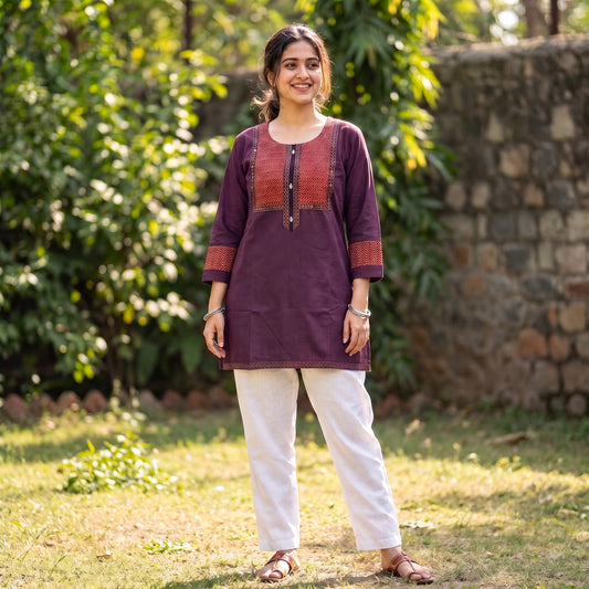 Women's Purple Cotton Kurti  Contrast Printed Yoke Straight Ethnic Kurti SKU CAC-K-C-P-1