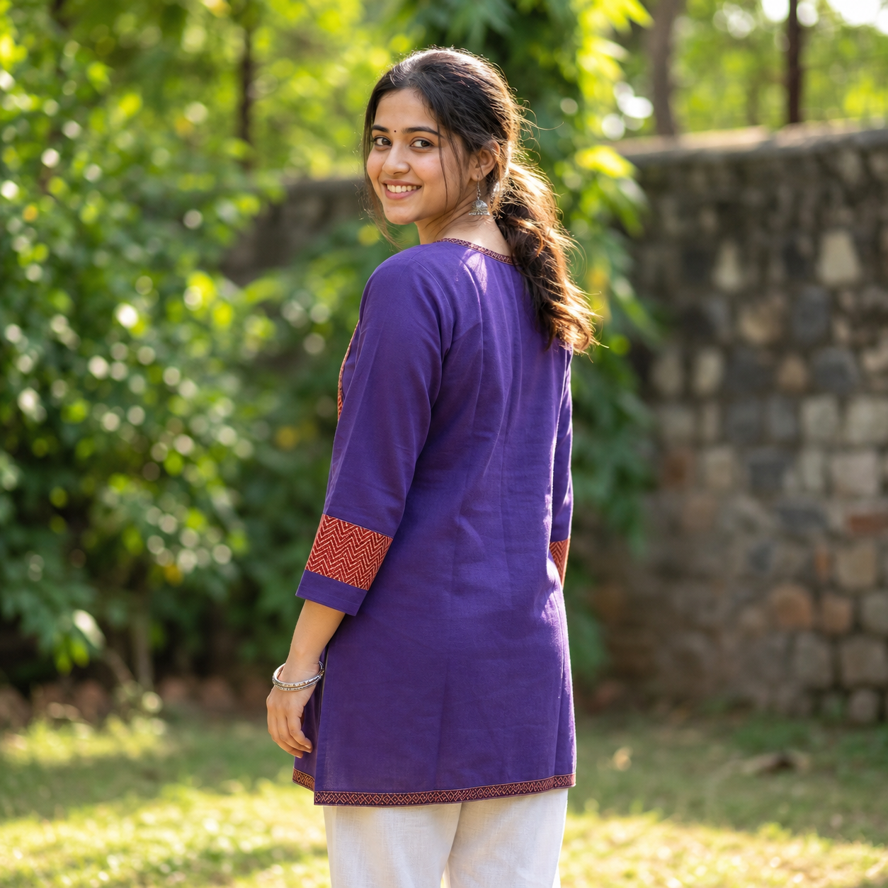 Women's Purple Cotton Kurti  Contrast Printed Yoke Straight Ethnic Kurti SKU CAC-K-C-P-1