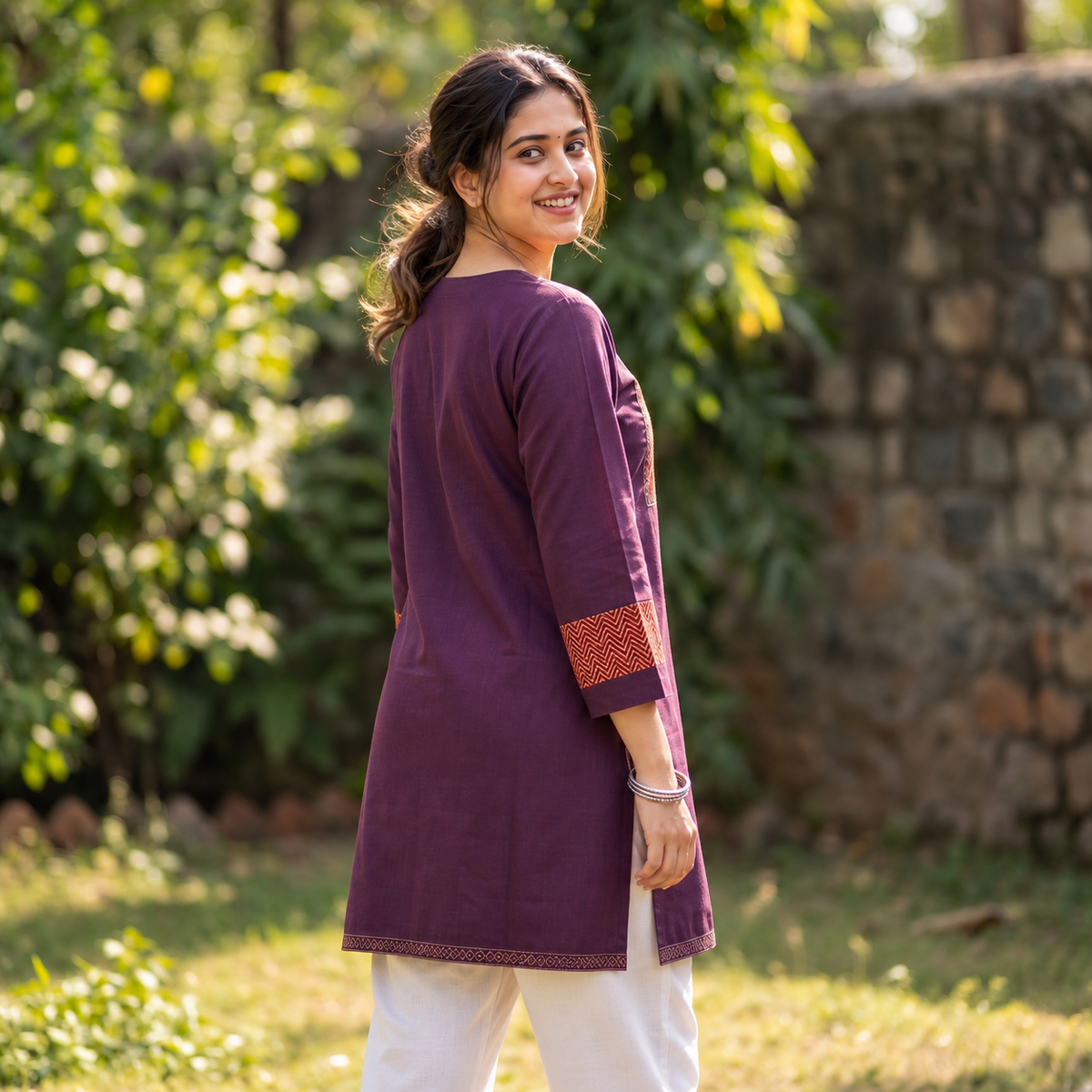 Women's Purple Cotton Kurti  Contrast Printed Yoke Straight Ethnic Kurti SKU CAC-K-C-P-1