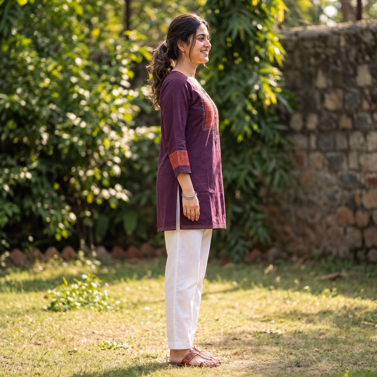 Women's Purple Cotton Kurti  Contrast Printed Yoke Straight Ethnic Kurti SKU CAC-K-C-P-1