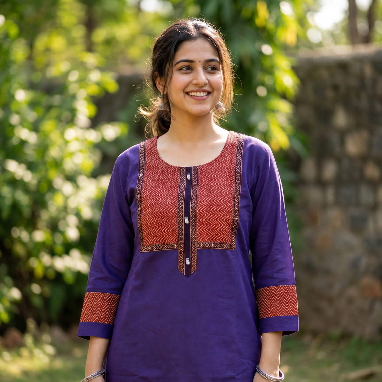 Women's Purple Cotton Kurti  Contrast Printed Yoke Straight Ethnic Kurti SKU CAC-K-C-P-1
