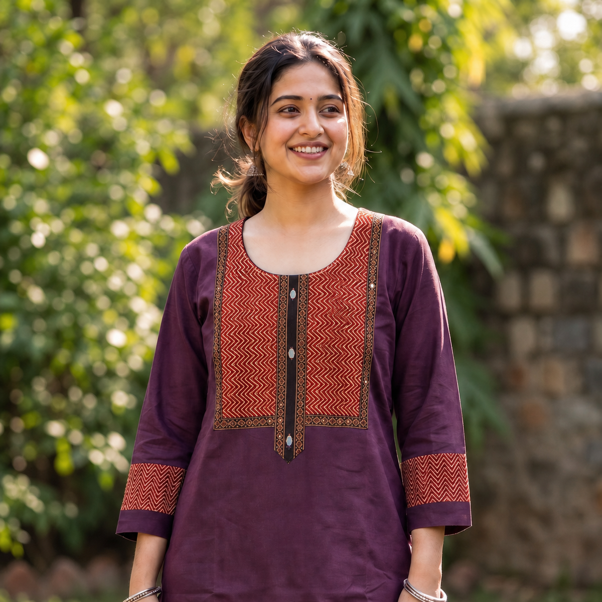 Women's Purple Cotton Kurti  Contrast Printed Yoke Straight Ethnic Kurti SKU CAC-K-C-P-1
