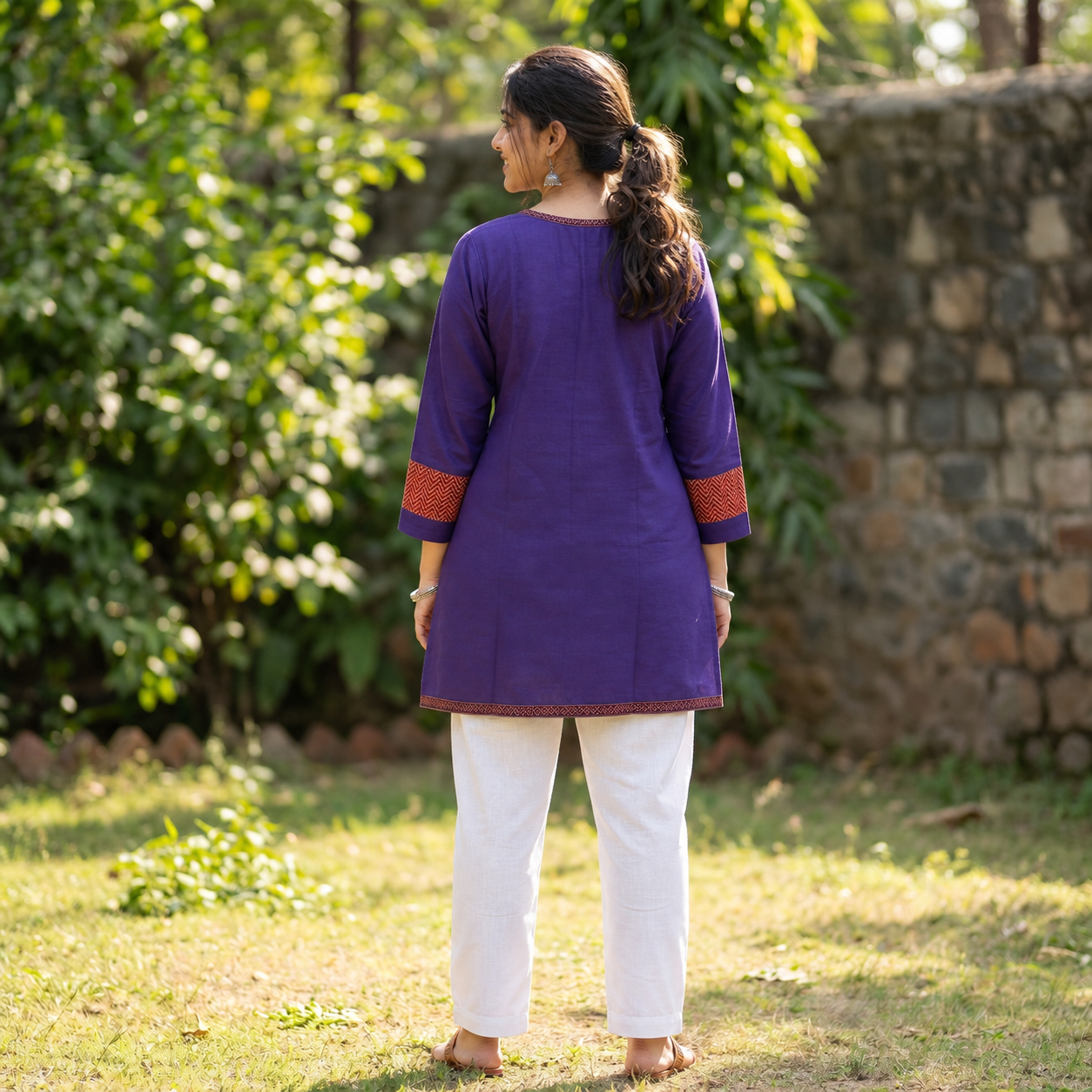 Women's Purple Cotton Kurti  Contrast Printed Yoke Straight Ethnic Kurti SKU CAC-K-C-P-1