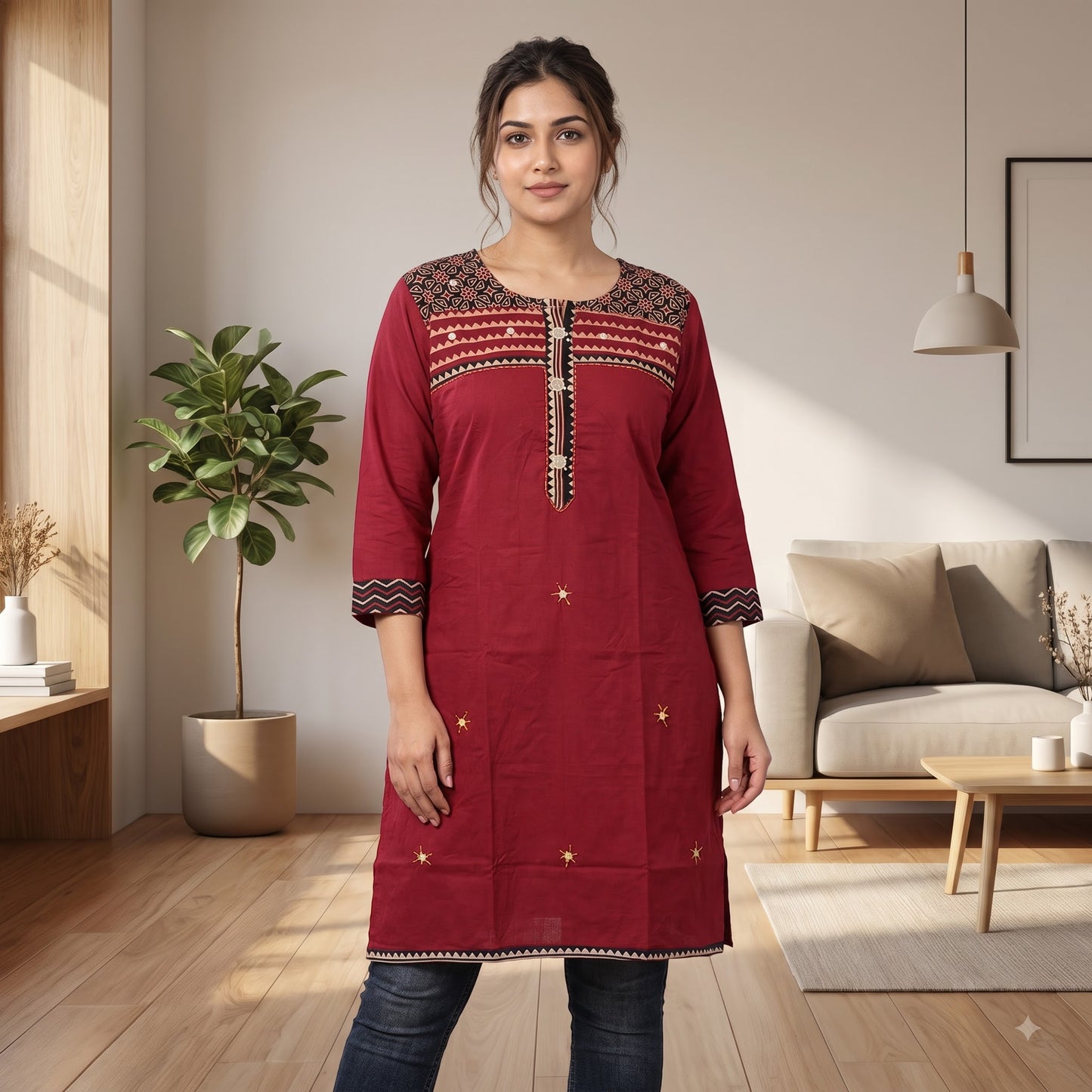 Women's Maroon Cotton Straight Kurti with Printed Yoke & Front Placket Design SKU CAC-KL-CS-M-1