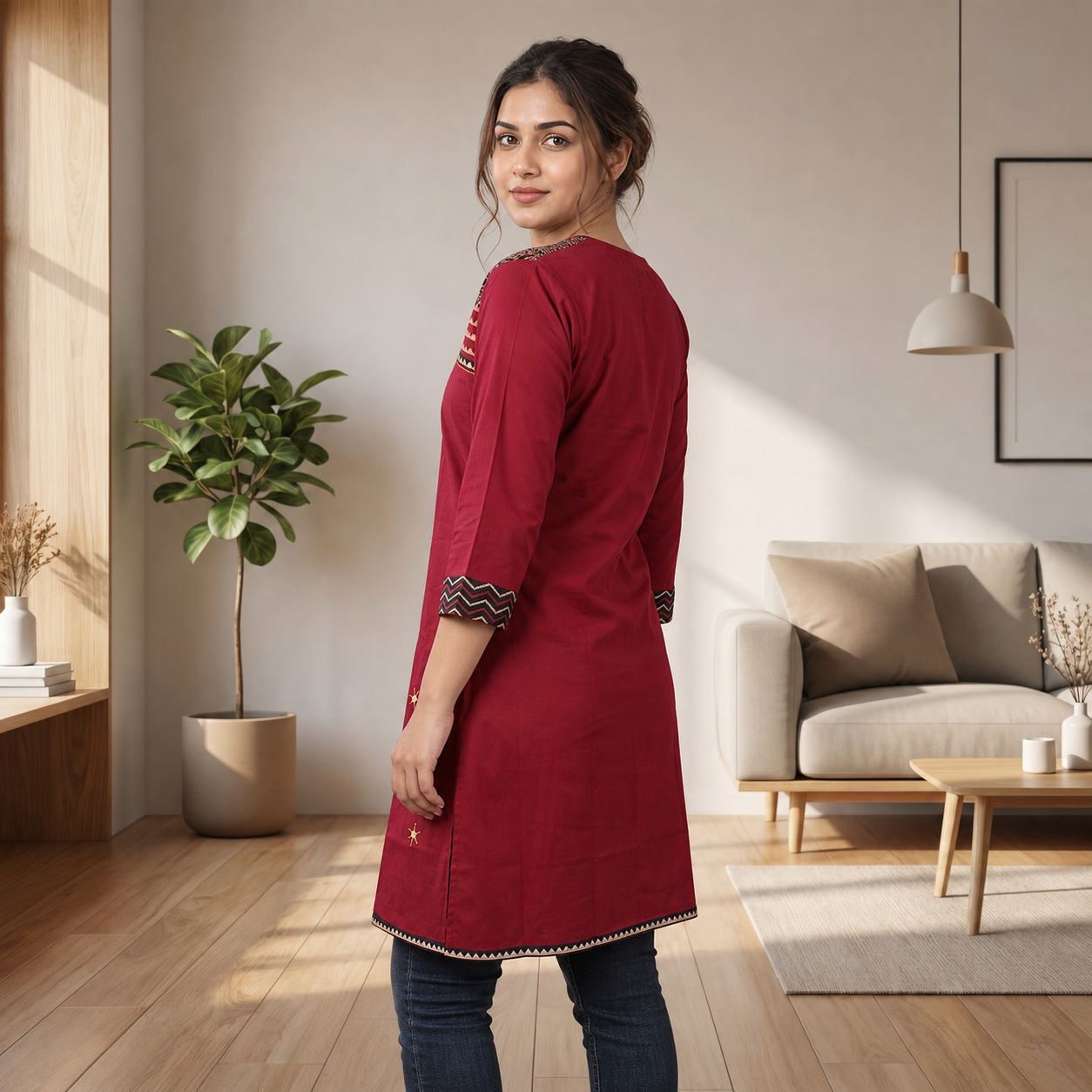 Women's Maroon Cotton Straight Kurti with Printed Yoke & Front Placket Design SKU CAC-KL-CS-M-1