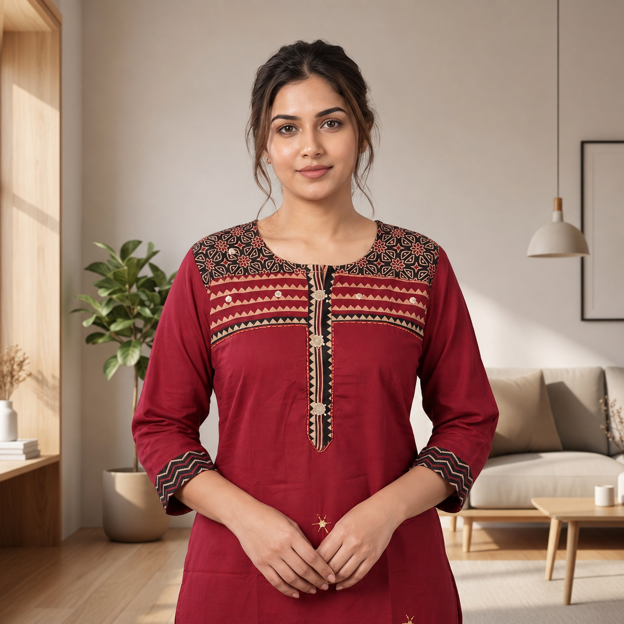 Women's Maroon Cotton Straight Kurti with Printed Yoke & Front Placket Design SKU CAC-KL-CS-M-1