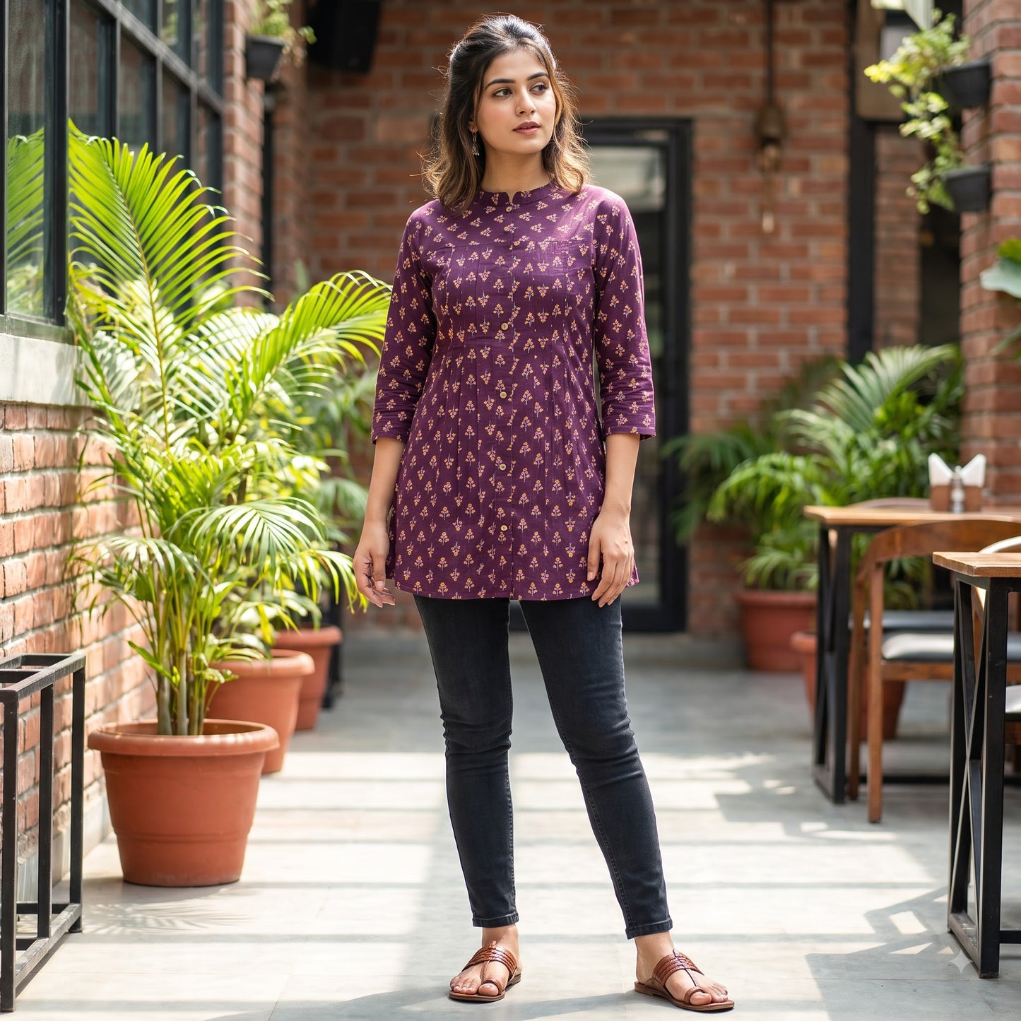 Women's Purple Printed Cotton Gathered Kurti with Front Button Detail SKU CAC-KS-CP-P-1