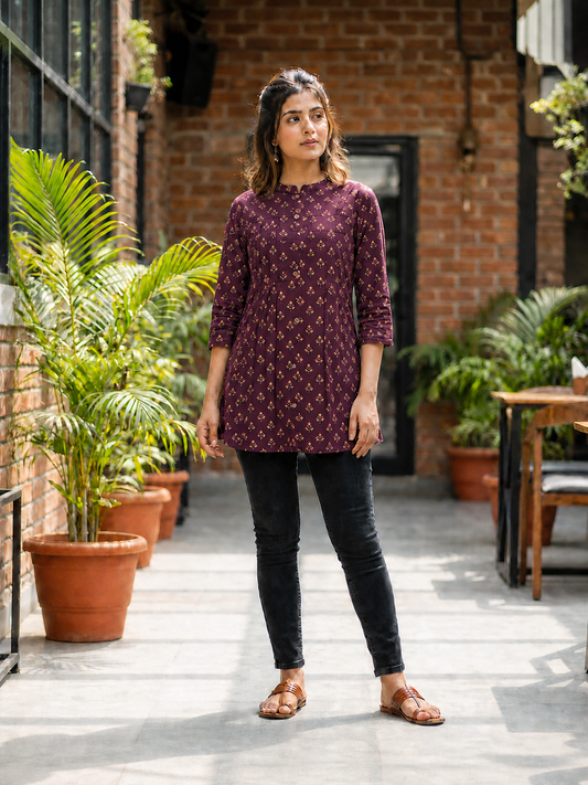 Women's Purple Printed Cotton Gathered Kurti with Front Button Detail SKU CAC-KS-CP-P-1