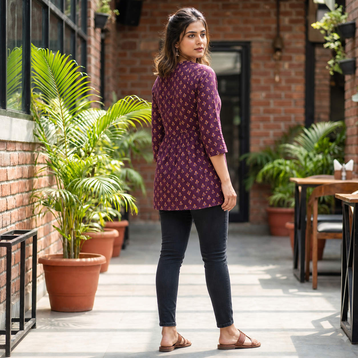 Women's Purple Printed Cotton Gathered Kurti with Front Button Detail SKU CAC-KS-CP-P-1