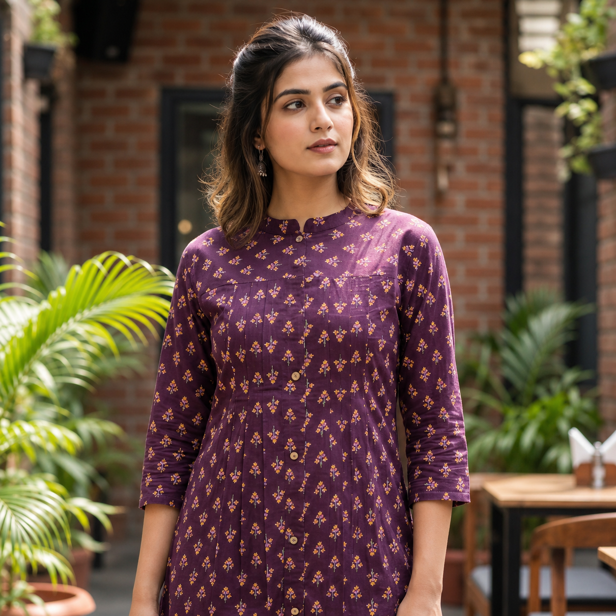 Women's Purple Printed Cotton Gathered Kurti with Front Button Detail SKU CAC-KS-CP-P-1
