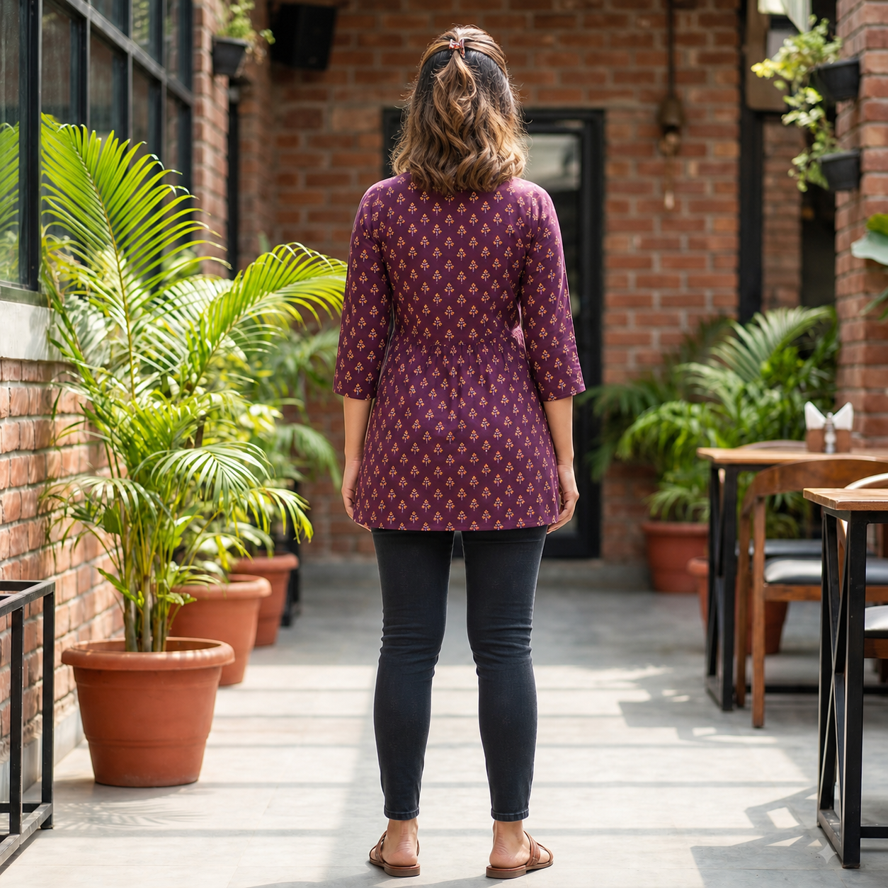 Women's Purple Printed Cotton Gathered Kurti with Front Button Detail SKU CAC-KS-CP-P-1