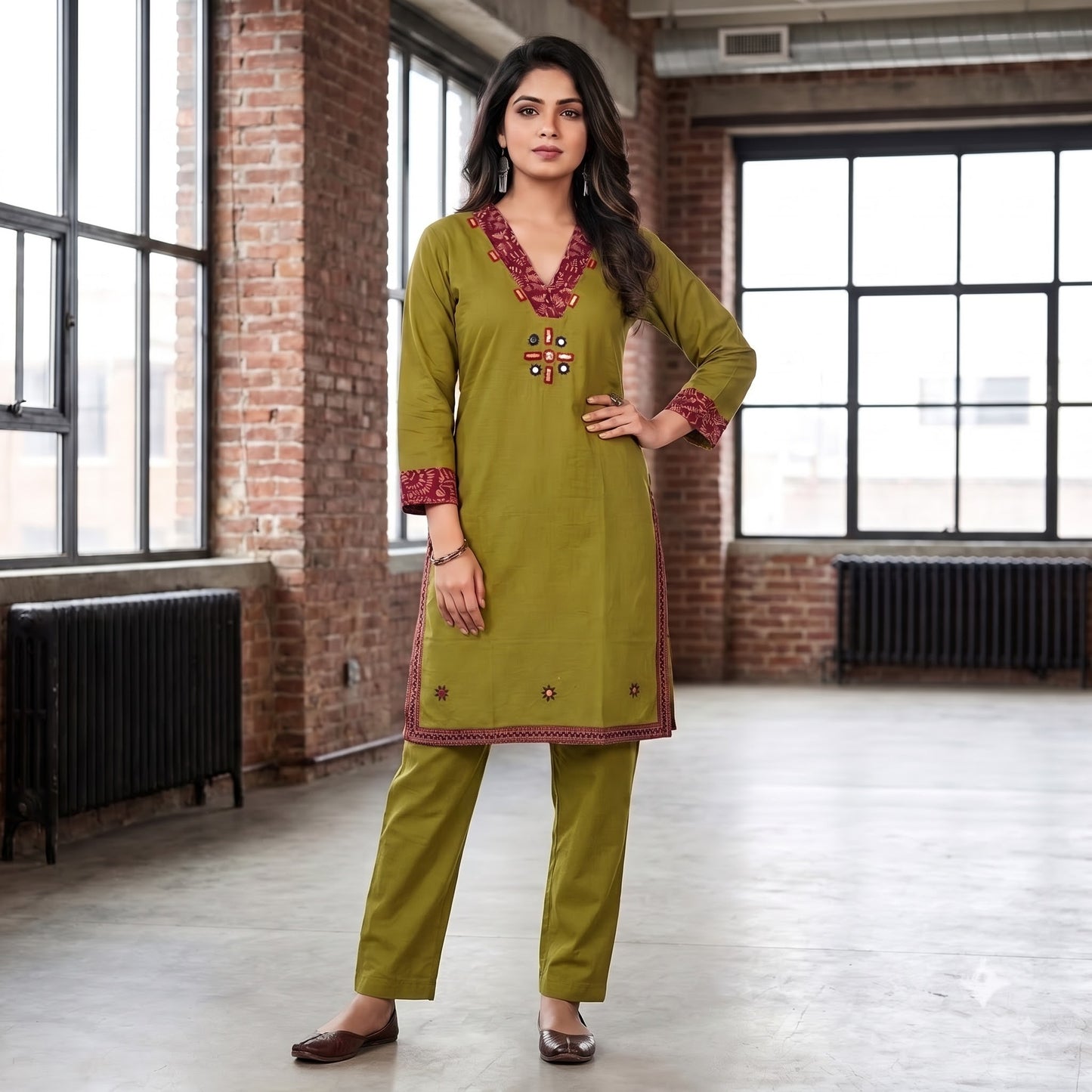Women's Olive Green Cotton 2-Piece Straight Kurti Set SKU CAC-K2P-G-1
