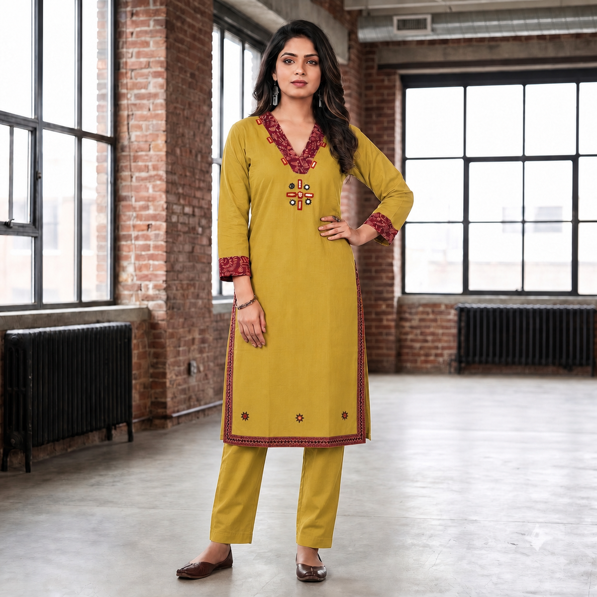 Mustard Cotton 2-Piece Kurti Set for Women  Maroon Patterned Detail SKU CAC-K2P-C-M-1
