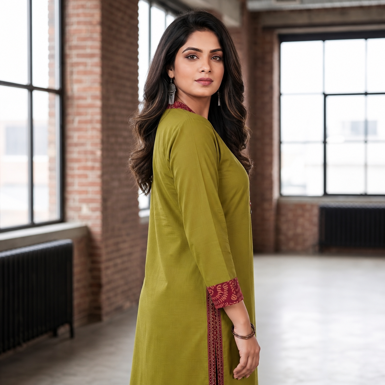 Women's Olive Green Cotton 2-Piece Straight Kurti Set SKU CAC-K2P-G-1