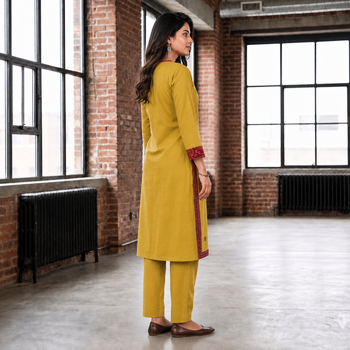 Mustard Cotton 2-Piece Kurti Set for Women  Maroon Patterned Detail SKU CAC-K2P-C-M-1