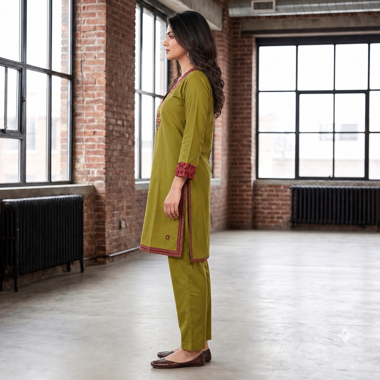 Women's Olive Green Cotton 2-Piece Straight Kurti Set SKU CAC-K2P-G-1