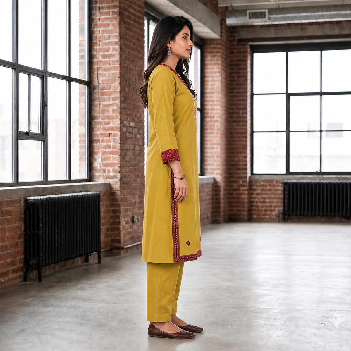 Mustard Cotton 2-Piece Kurti Set for Women  Maroon Patterned Detail SKU CAC-K2P-C-M-1