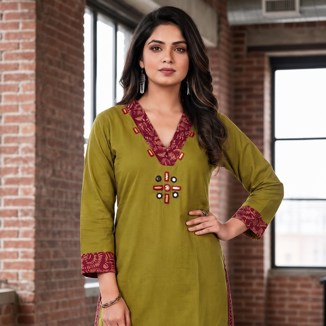 Women's Olive Green Cotton 2-Piece Straight Kurti Set SKU CAC-K2P-G-1