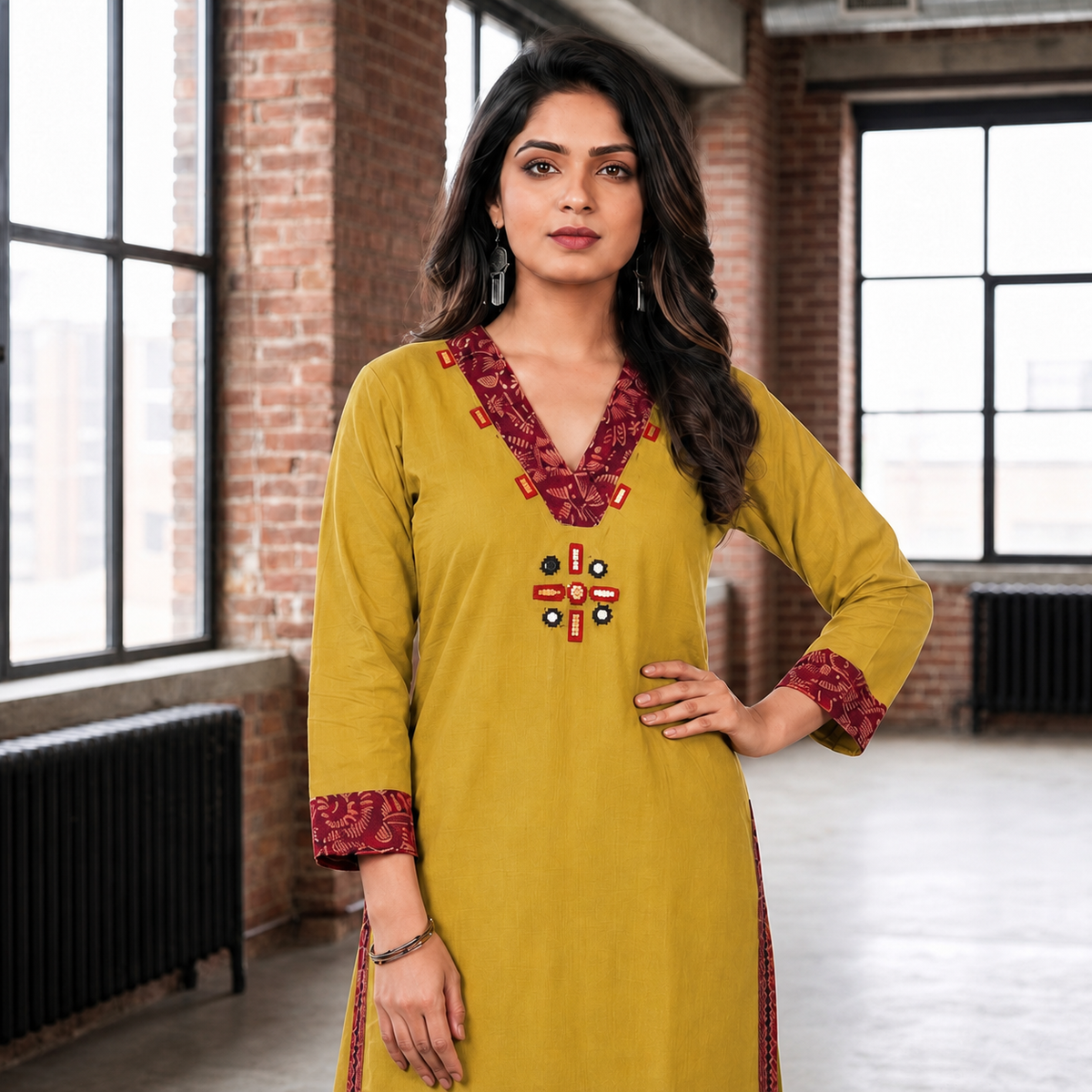 Mustard Cotton 2-Piece Kurti Set for Women  Maroon Patterned Detail SKU CAC-K2P-C-M-1