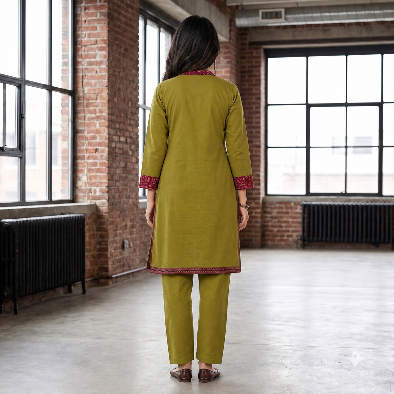 Women's Olive Green Cotton 2-Piece Straight Kurti Set SKU CAC-K2P-G-1