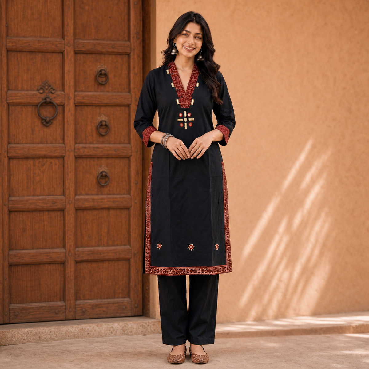 Black Cotton 2-Piece Kurti Set with Contrast Detailing SKU CAC-K2P-B-1