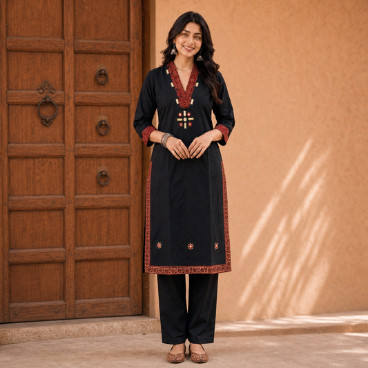 Black Cotton 2-Piece Kurti Set with Contrast Detailing SKU CAC-K2P-B-1