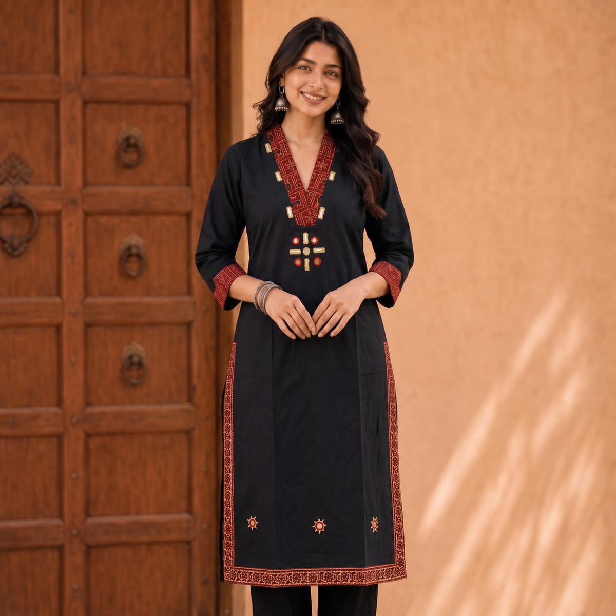 Black Cotton 2-Piece Kurti Set with Contrast Detailing SKU CAC-K2P-B-1
