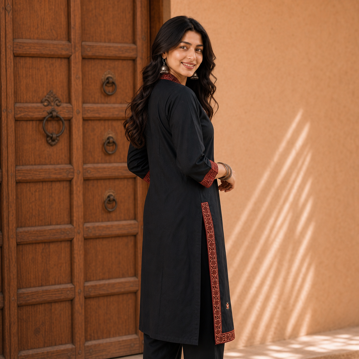 Black Cotton 2-Piece Kurti Set with Contrast Detailing SKU CAC-K2P-B-1
