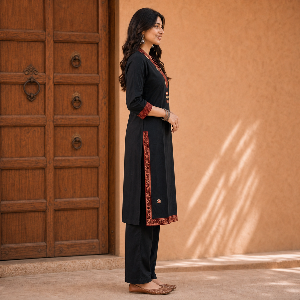 Black Cotton 2-Piece Kurti Set with Contrast Detailing SKU CAC-K2P-B-1