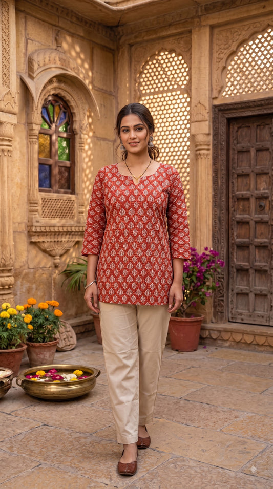 Terracotta Red Printed Kurti with Leaf Motifs SKU CAC-KS-P-TR-1