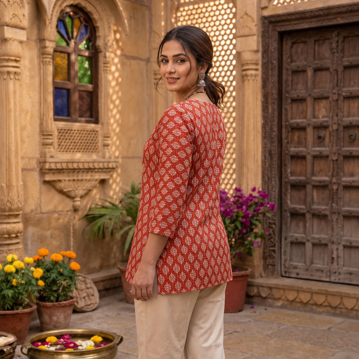 Terracotta Red Printed Kurti with Leaf Motifs SKU CAC-KS-P-TR-1