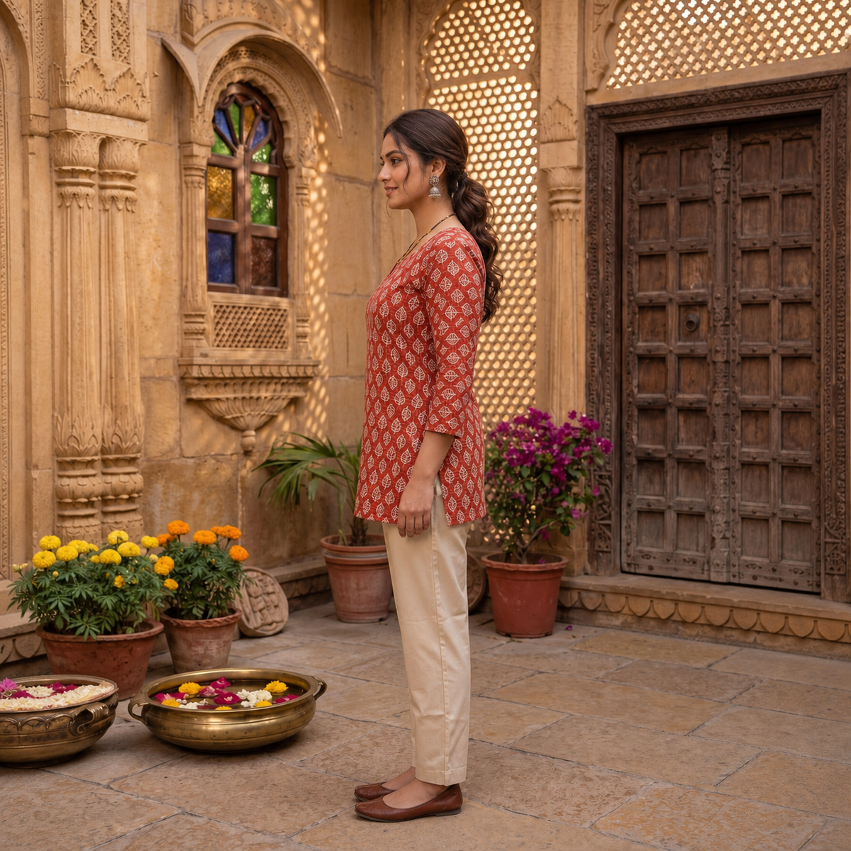 Terracotta Red Printed Kurti with Leaf Motifs SKU CAC-KS-P-TR-1
