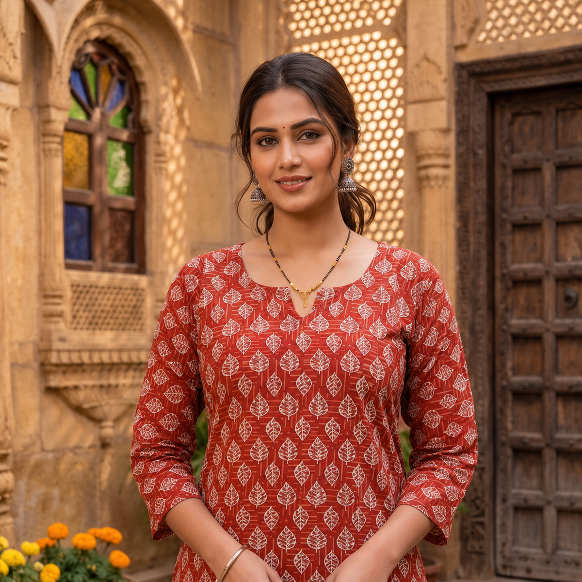 Terracotta Red Printed Kurti with Leaf Motifs SKU CAC-KS-P-TR-1