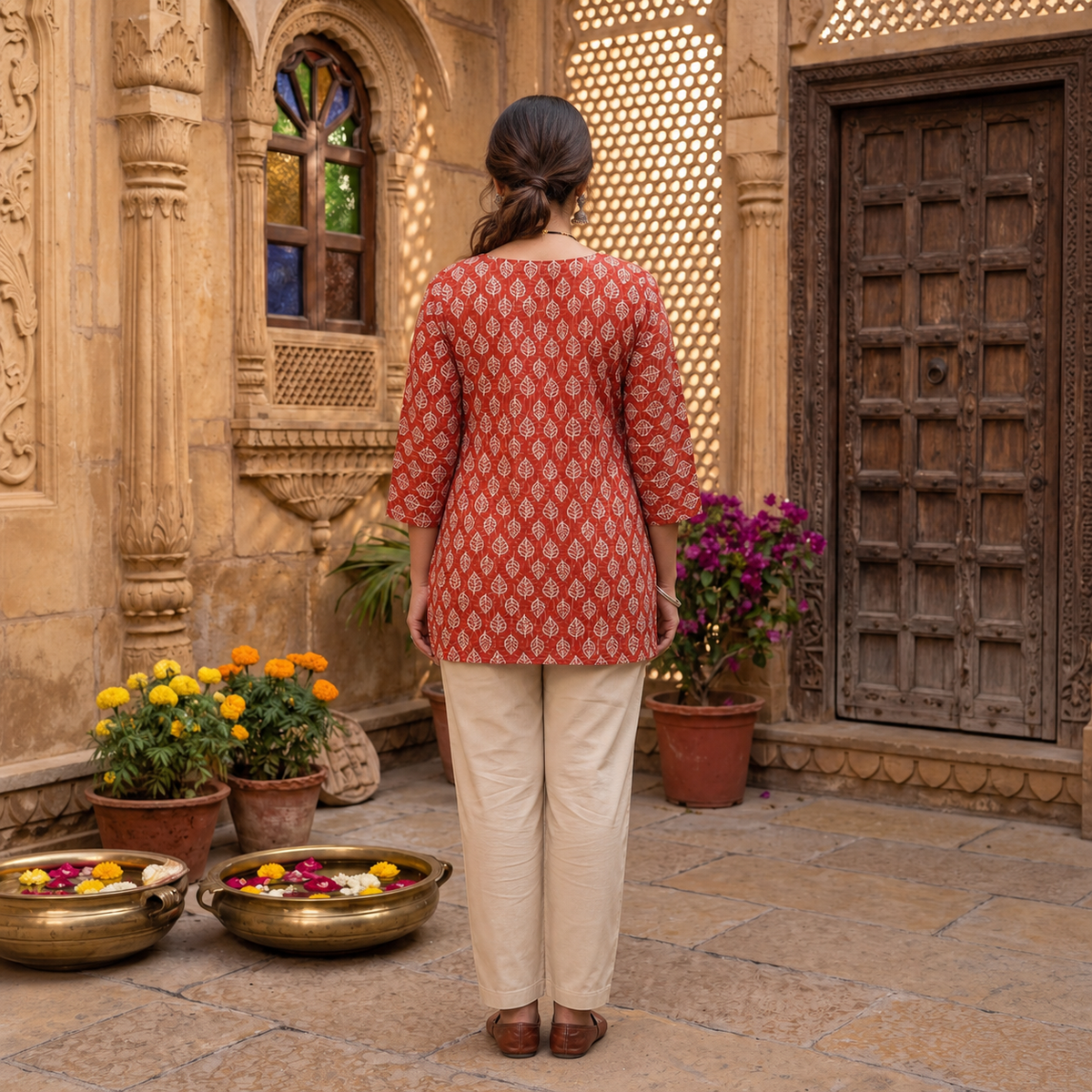 Terracotta Red Printed Kurti with Leaf Motifs SKU CAC-KS-P-TR-1