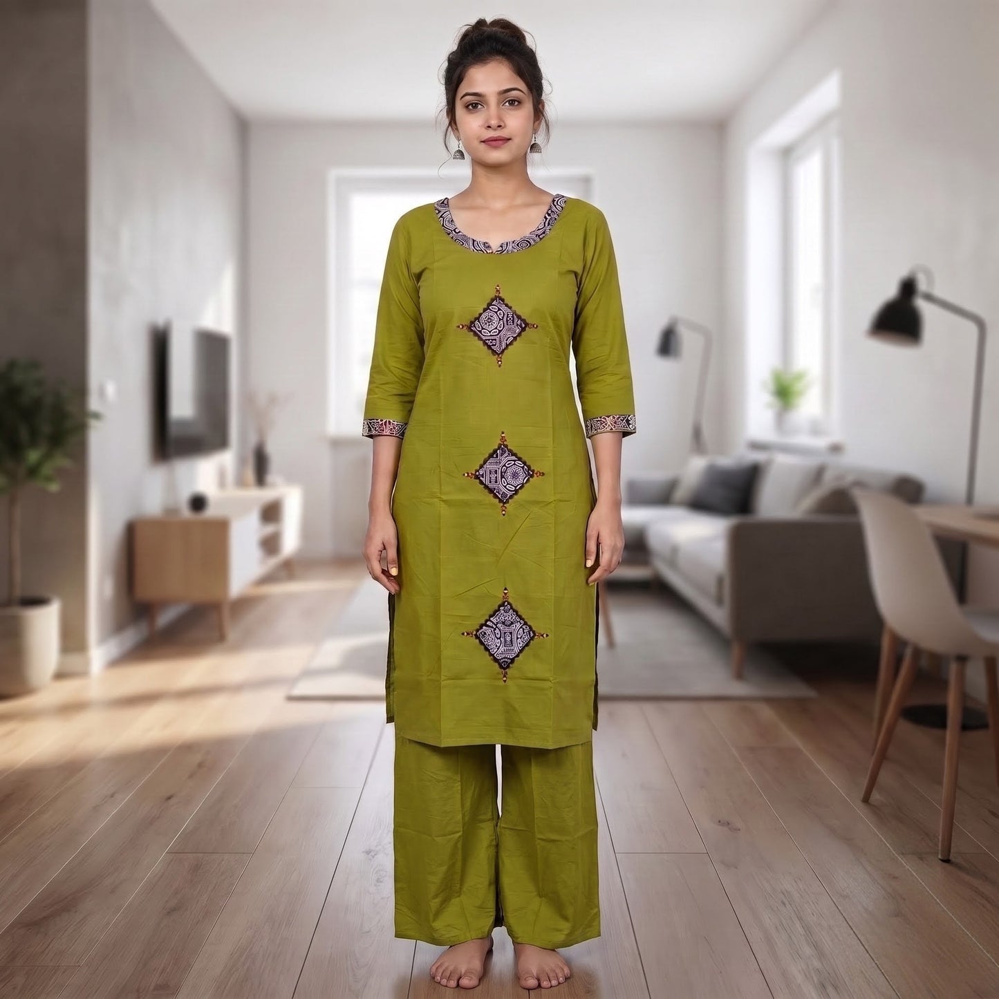 Women's Olive Green Cotton 2-Piece Straight Kurti Set with Geometric Motif Design SKU CAC-K2P-OG-1