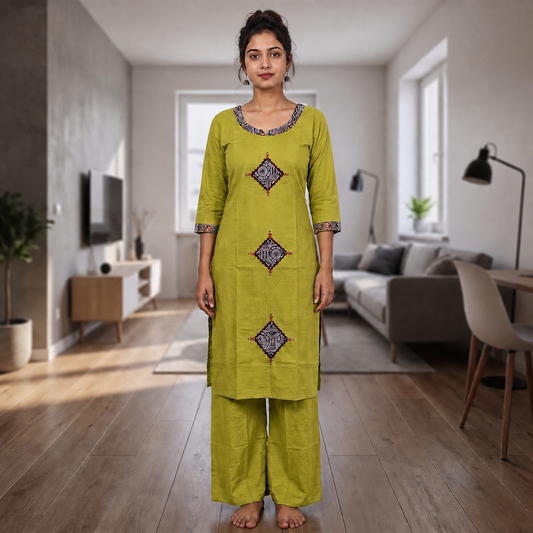 Women's Olive Green Cotton 2-Piece Straight Kurti Set with Geometric Motif Design SKU CAC-K2P-OG-1