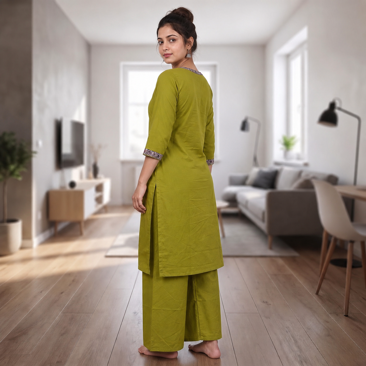 Women's Olive Green Cotton 2-Piece Straight Kurti Set with Geometric Motif Design SKU CAC-K2P-OG-1
