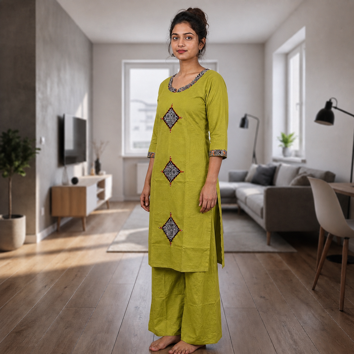 Women's Olive Green Cotton 2-Piece Straight Kurti Set with Geometric Motif Design SKU CAC-K2P-OG-1