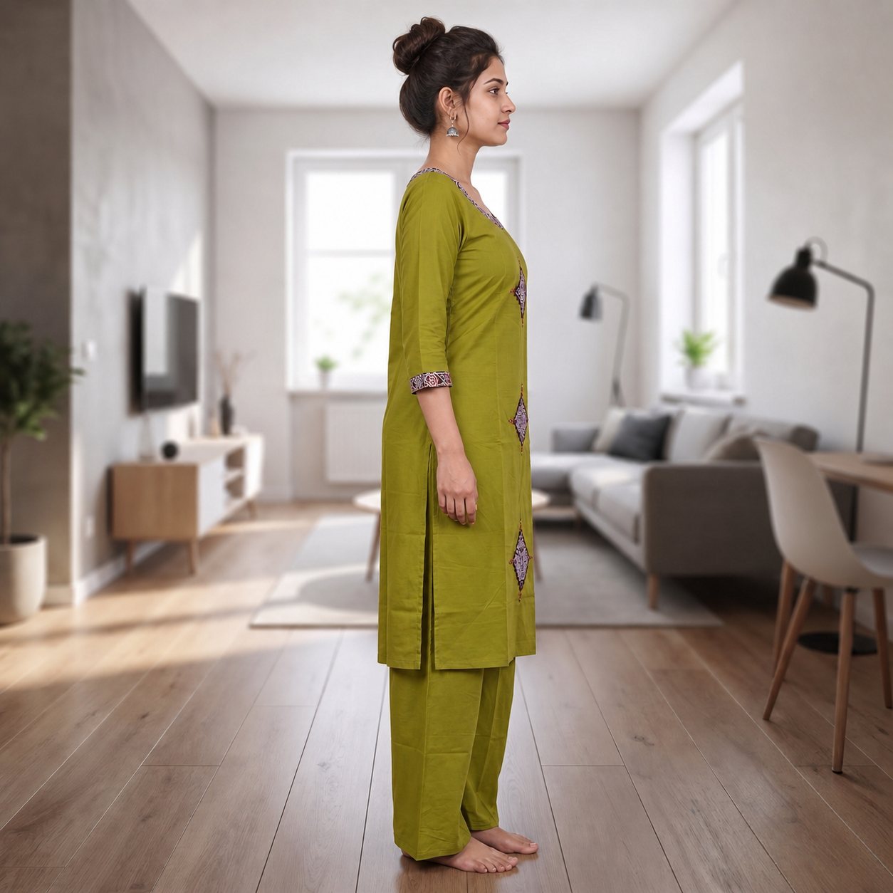 Women's Olive Green Cotton 2-Piece Straight Kurti Set with Geometric Motif Design SKU CAC-K2P-OG-1