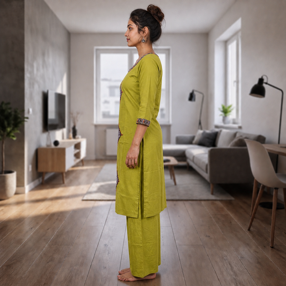 Women's Olive Green Cotton 2-Piece Straight Kurti Set with Geometric Motif Design SKU CAC-K2P-OG-1